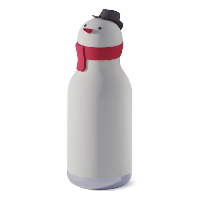 Asobu Bestie Holiday Bottle 16oz Snowman, white snowman-shaped water bottle with red scarf and black hat standing upright.