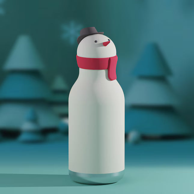 Asobu Bestie Holiday Bottle 16oz Snowman, white bottle with red scarf and gray hat, standing upright in a wintry blue scene.