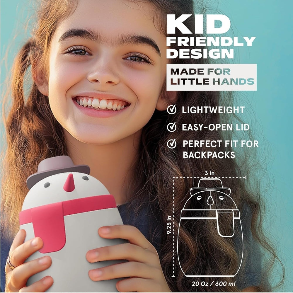 Asobu Foodie Holiday Kids Insulated Food Jar 20oz Snowman, held by smiling kid to showcase lightweight, easy-open lid.