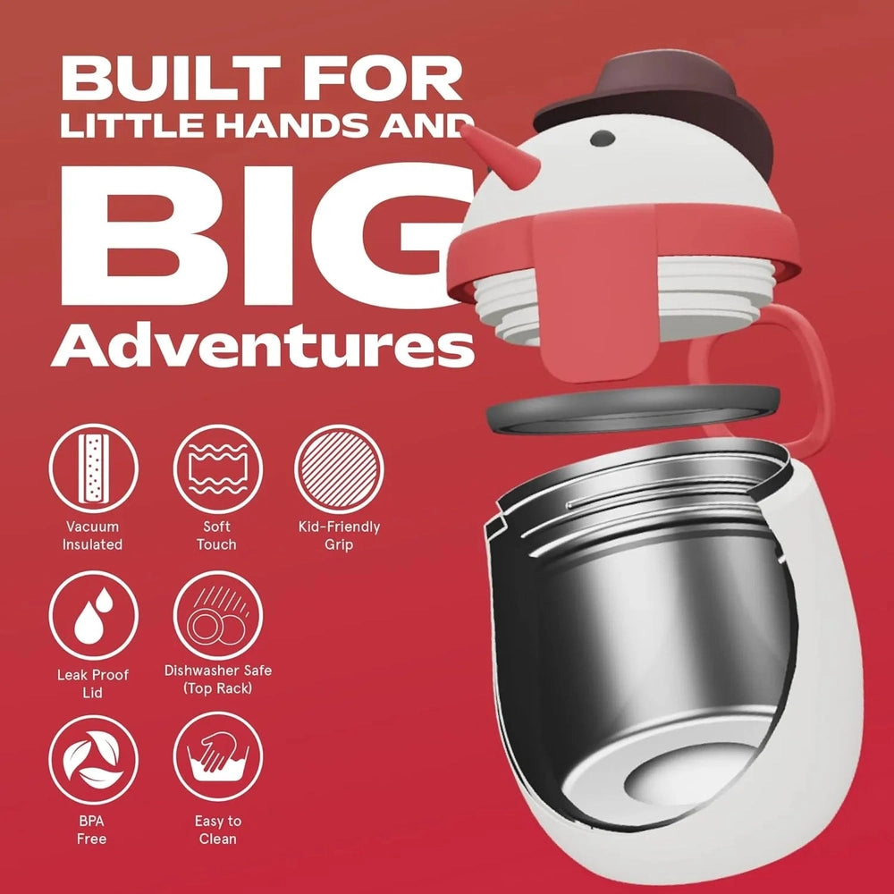 Asobu Foodie Holiday Kids Insulated Food Jar 20oz Snowman, red backdrop, with kid-friendly grip and leak-proof lid being snapped on.
