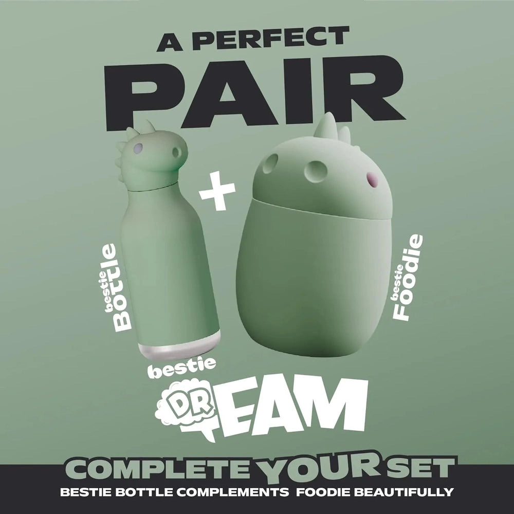 Asobu Foodie Holiday Kids Insulated Food Jar 20oz Dinosaur, two green dinosaur pieces shown as a pair, insulated kid-friendly thermos set