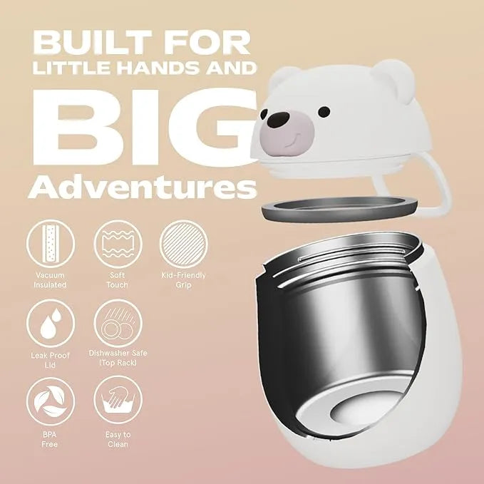 Asobu Foodie Holiday Kids Insulated Food Jar 20oz Bear; white bear lid, stainless steel body, leak-proof, BPA-free, kid-friendly grip