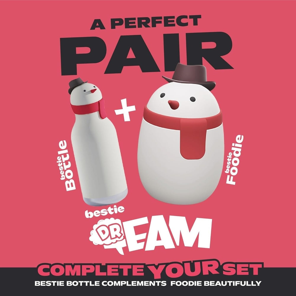 Asobu Foodie Holiday Kids Insulated Food Jar 20oz Snowman; a tall bottle and round snowman jar paired, both wearing hats and scarves.