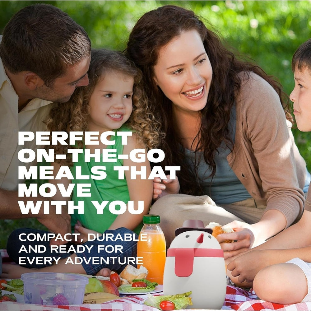 Asobu Foodie Holiday Kids Insulated Food Jar 20oz Snowman at a family picnic, showing portable, durable lunch solution.