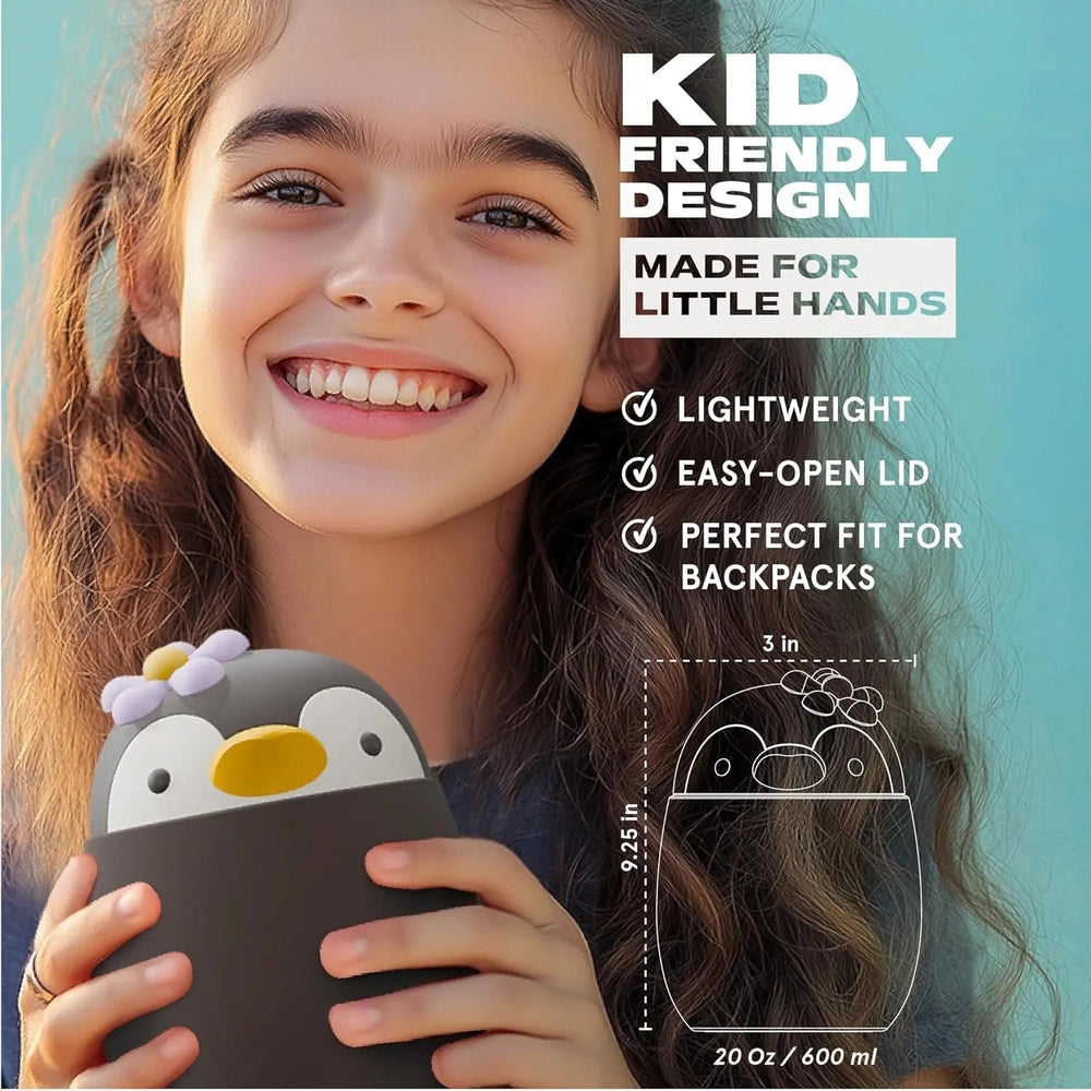 Asobu Foodie Holiday Kids Insulated Food Jar 20oz Penguin; smiling child holds lightweight lunch jar, showcasing easy-open lid.