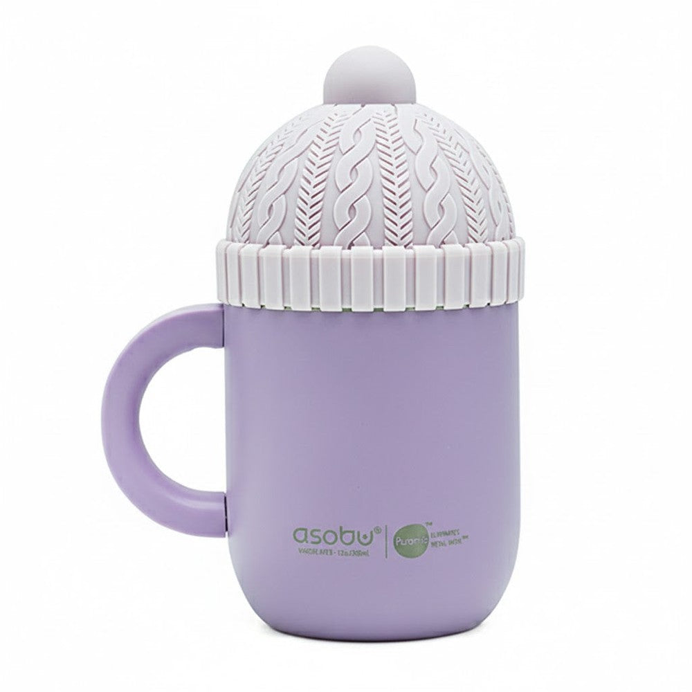Purple mug with a textured white lid on a white background