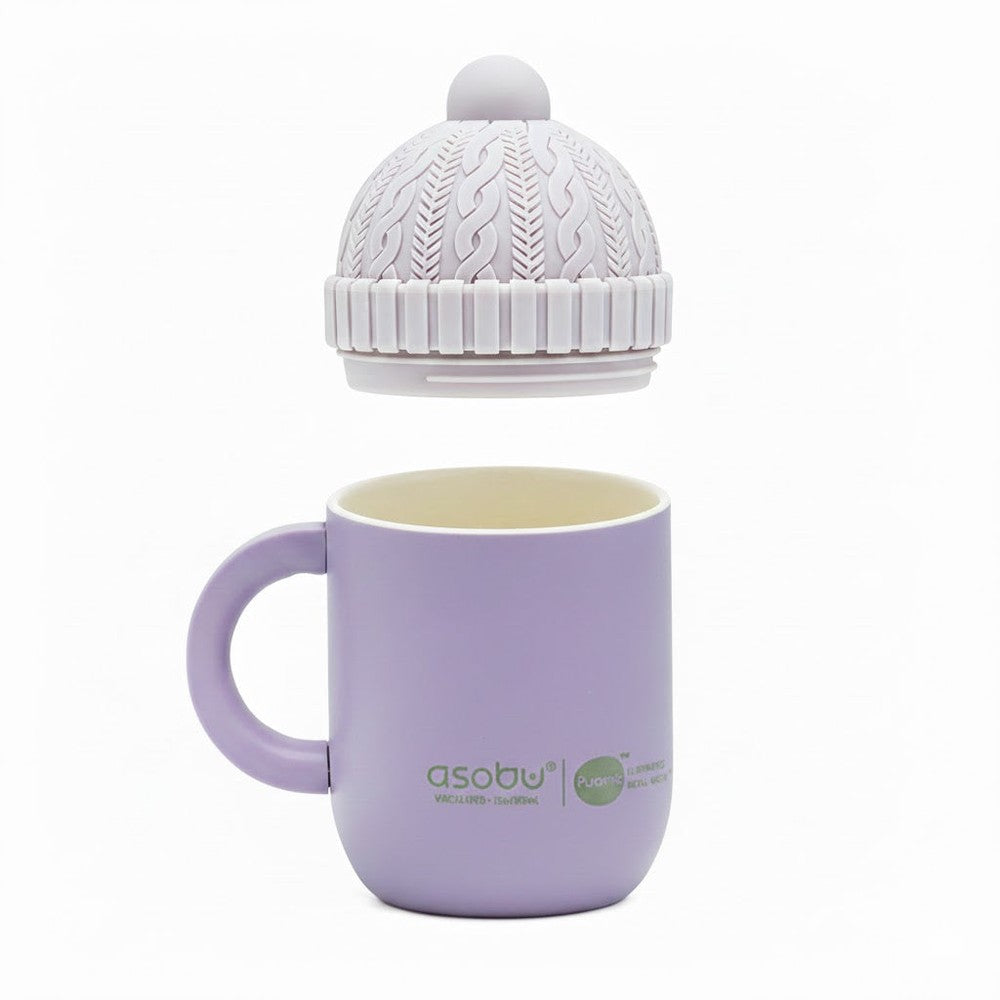Purple mug with a white knit lid on a white background