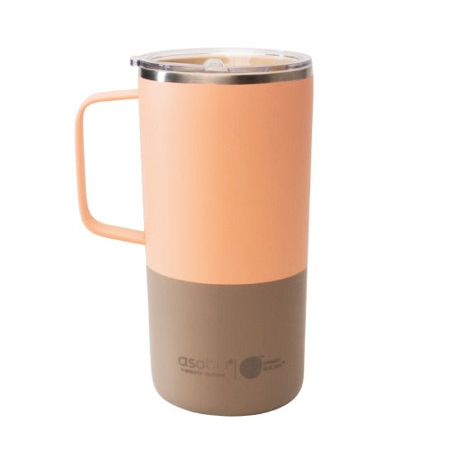 Asobu Tower Mug 20oz Pastel Peach insulated tumbler with lid and handle, shown standing upright.