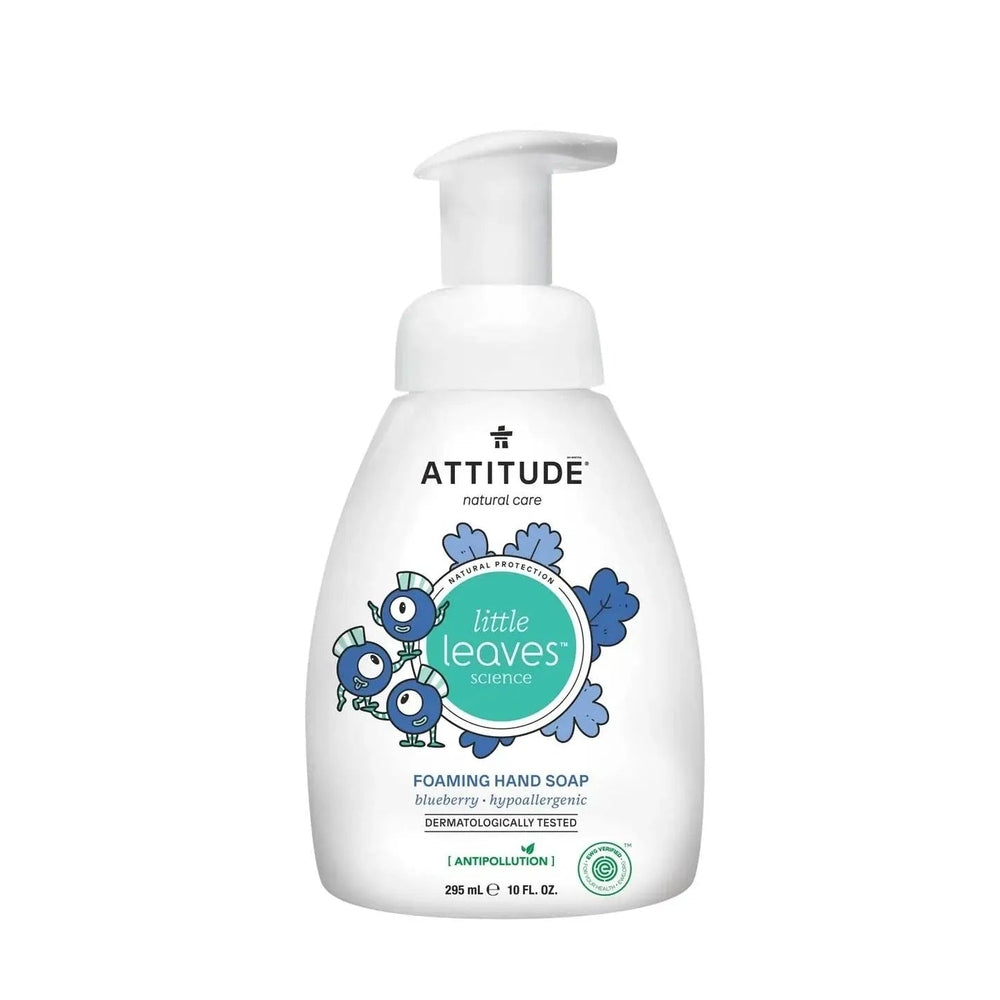 Attitude Foaming Hand Soap 295 ml bottle with blue blueberry graphic, pump shown dispensing.