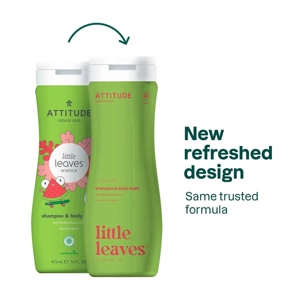 Attitude Natural Shampoo & Body Wash 473 ml, two green bottles, one in front revealing Little Leaves artwork.