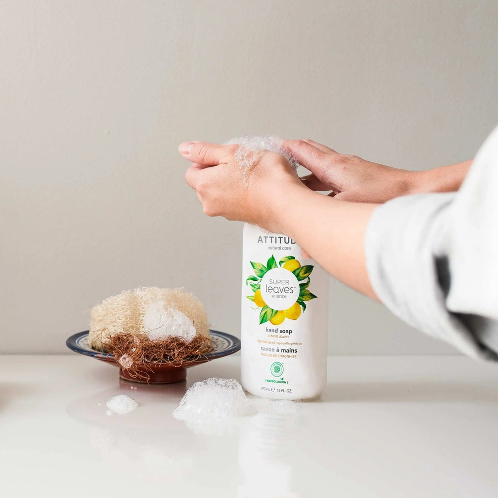 ATTITUDE Super Leaves natural liquid hand soap, lemon leaves, 473 ml, hands lathering foamy wash.