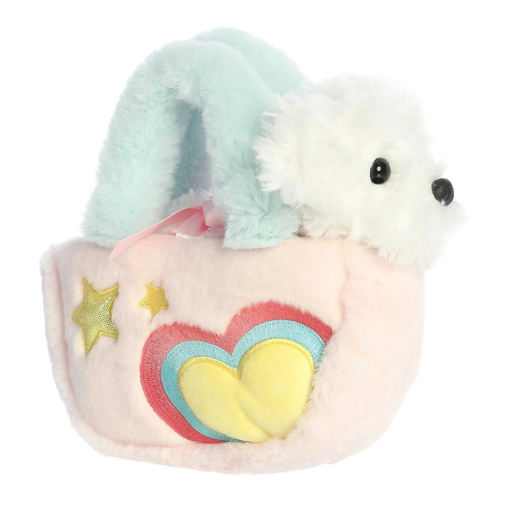 Aurora Fancy Pals Pastel Heart 7.5" plush bunny peeks from a pastel pink heart bag with stars and a yellow heart.