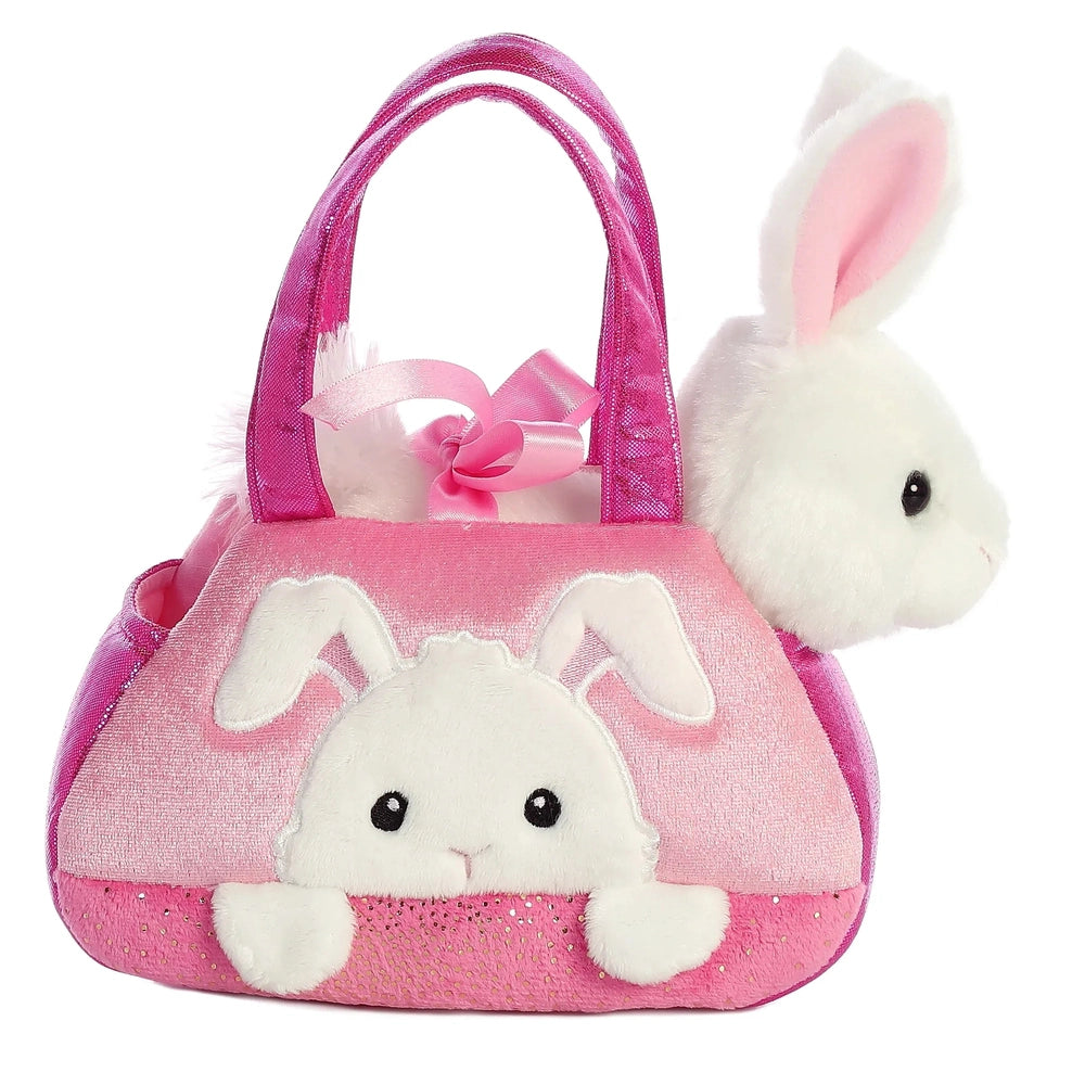 Aurora Fancy Pals Peek-A-Boo Bunny 7" plush bag in pink, with a white bunny peeking over