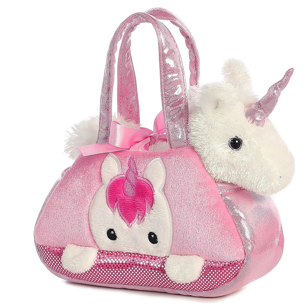 Aurora Fancy Pals Peek-A-Boo Unicorn 7" plush tote; pink unicorn bag with sparkly handles and bow.