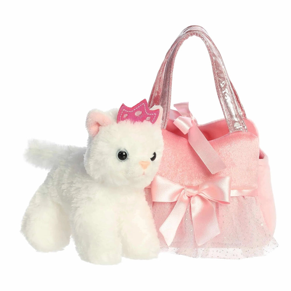 Aurora Fancy Pals Princess Kitty Tutu 7" plush: a white kitten with pink crown beside a pink glitter tote with satin bows.