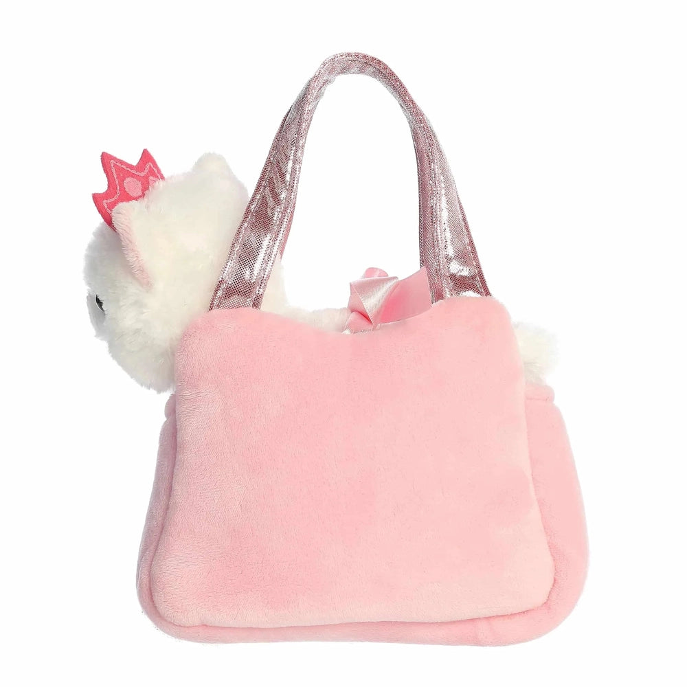 Aurora Fancy Pals Princess Kitty Tutu 7" pink plush tote with metallic handles, white kitty peeking from the side.