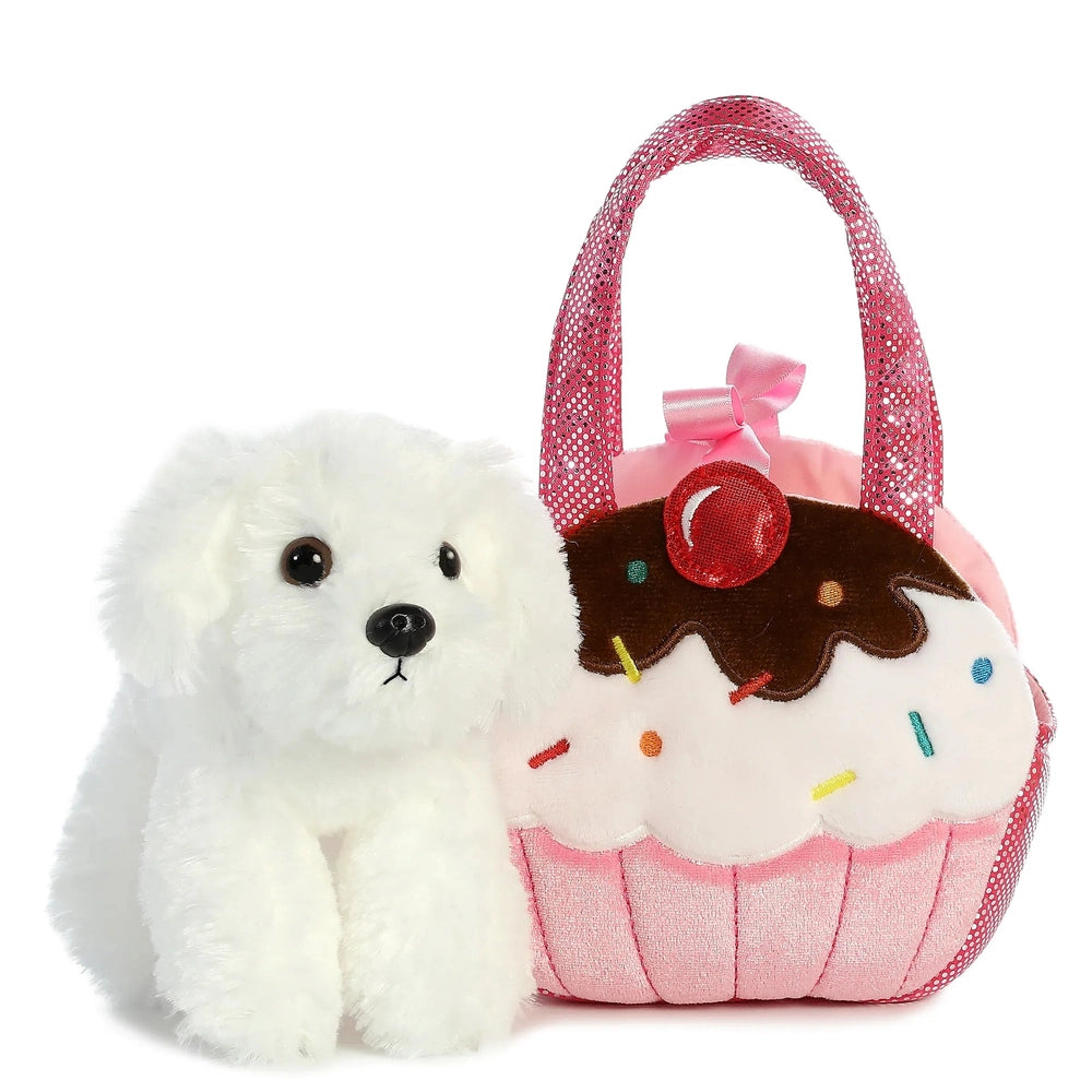 Aurora Fancy Pals Sweets Puppy 7" plush beside a cupcake-themed pink tote bag with a bow.