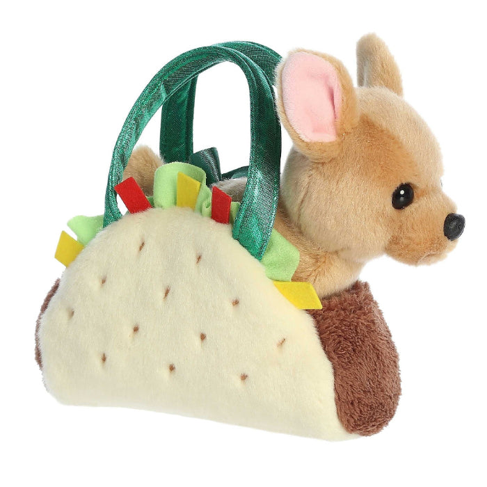 Aurora Fancy Pals Taco 7in plush dog in a taco shell with colorful felt toppings and green handles