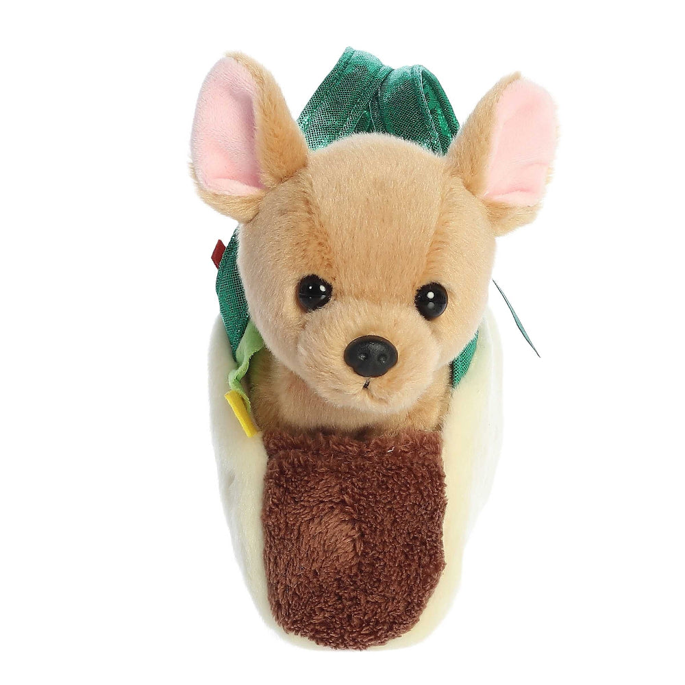 Plush toy Taco 7in from Aurora Fancy Pals; tan dog in a brown tortilla shell with green accents