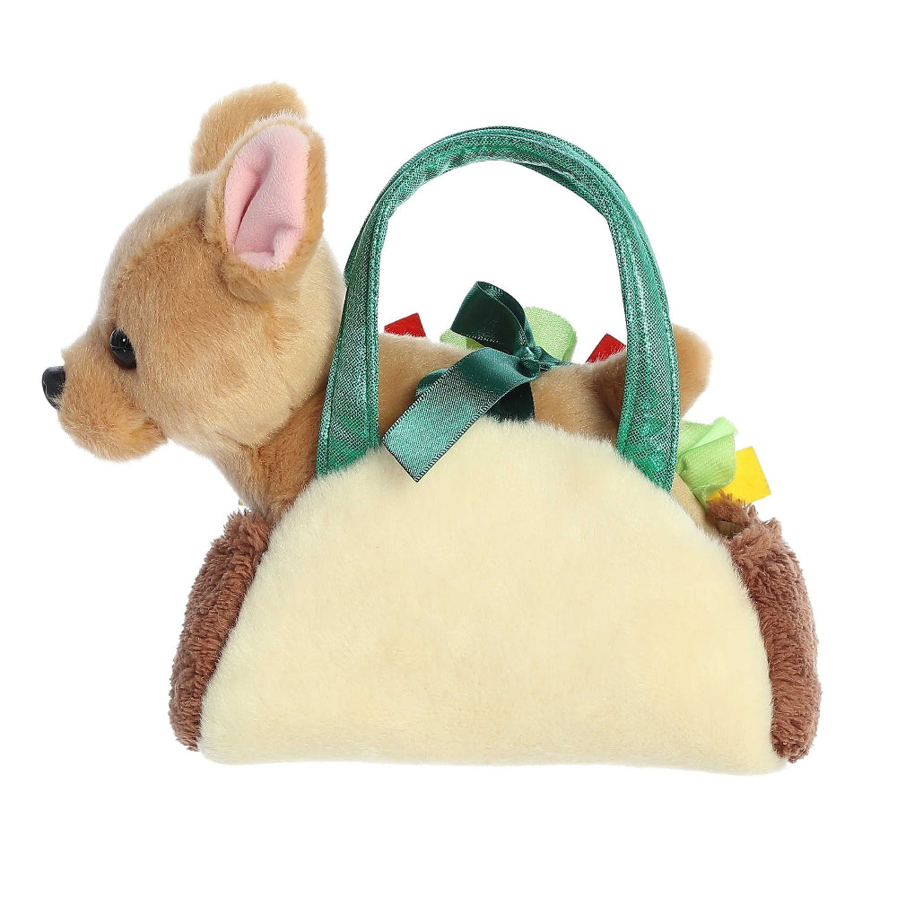 Aurora Fancy Pals Taco 7-inch plush toy with green ribbon handle and multicolor accents