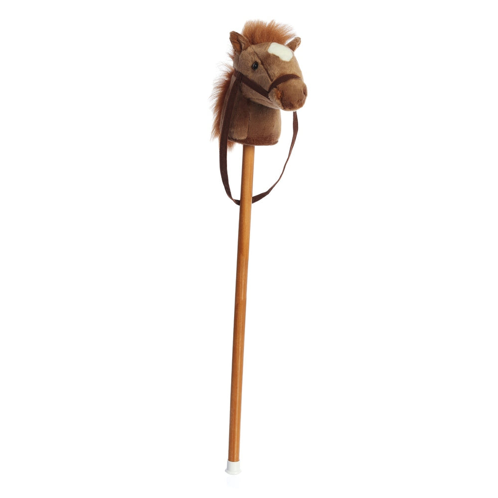 Aurora Giddy-Up Friends Brown Pony 37" plush on a wooden wand with brown mane and reins.