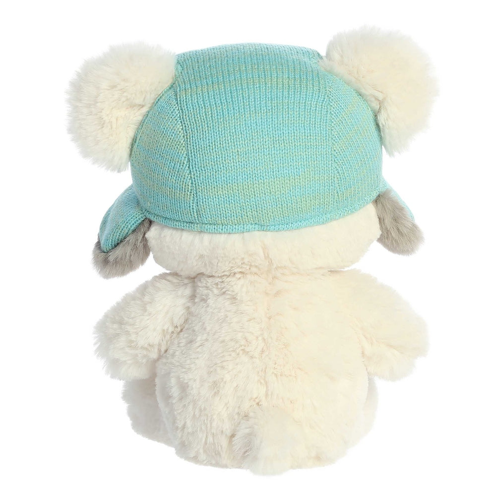 Aurora Benny 13in stuffed bear with turquoise knit hat and fluffy white fur plush toy