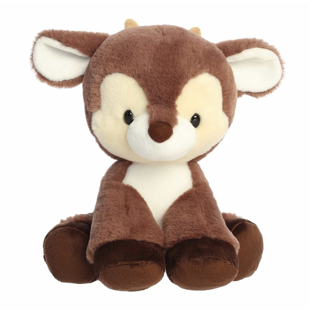 Aurora Holiday Dashing Reindeer Cocoa Brown 8" plush sits upright with cream belly and fluffy brown fur.