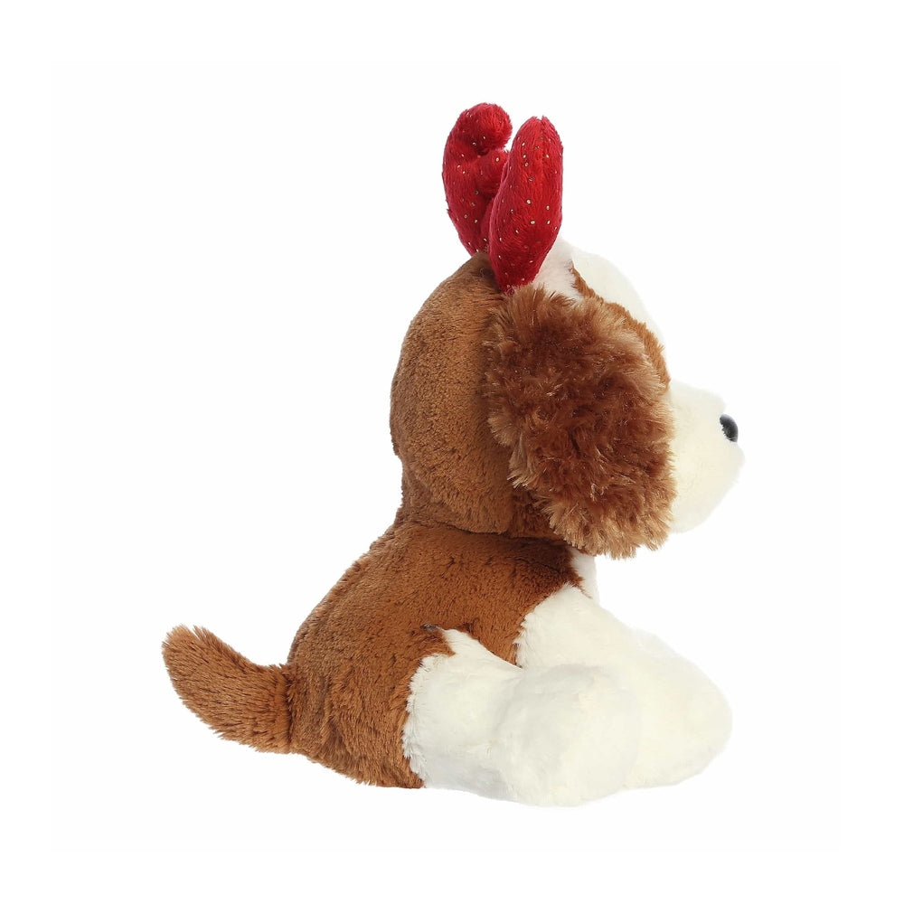 Aurora Holiday Cheer Spencer Spaniel 8.5" plush dog with brown/white fur and red antlers, seated.