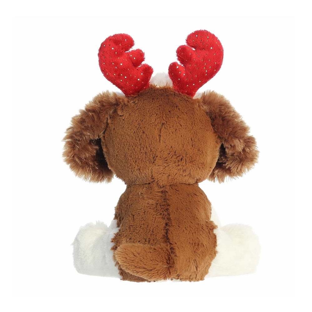 Aurora Holiday Cheer Spencer Spaniel 8.5-inch plush with brown fur and red glittery antlers, back view.
