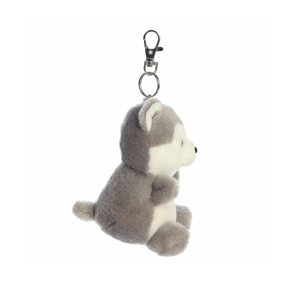 Aurora Palm Pals Busky Husky Clip-On 4" plush keychain; gray and white husky with metal clip.