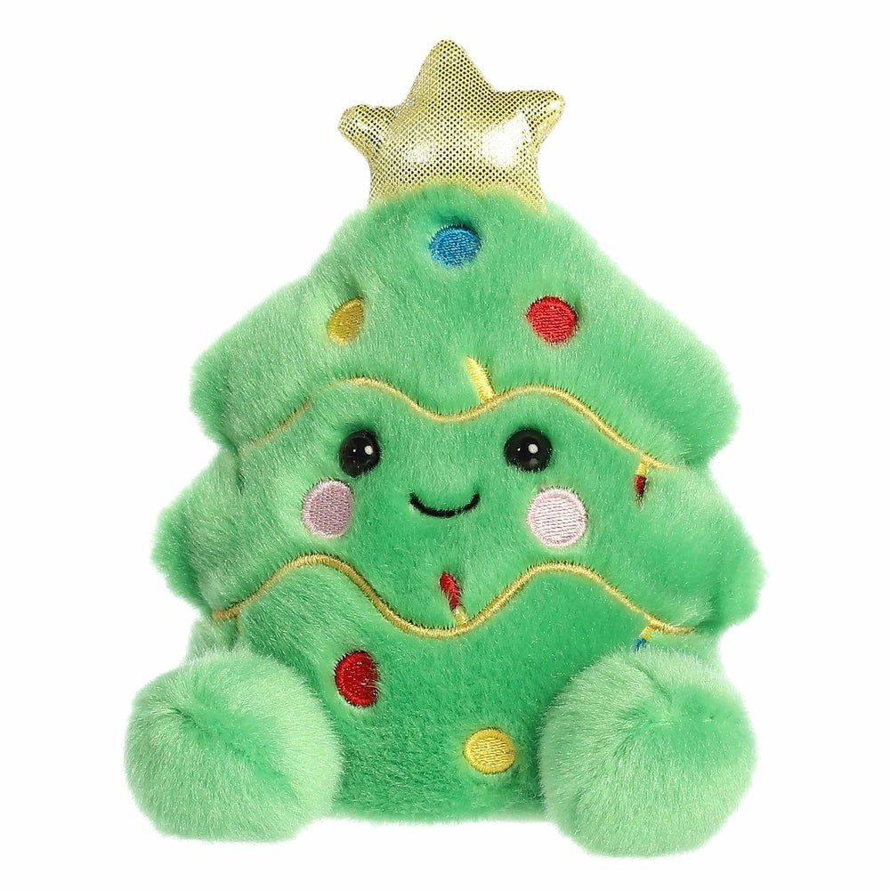 Aurora Palm Pals 5-inch green Christmas tree plush with gold star and colorful ornaments.