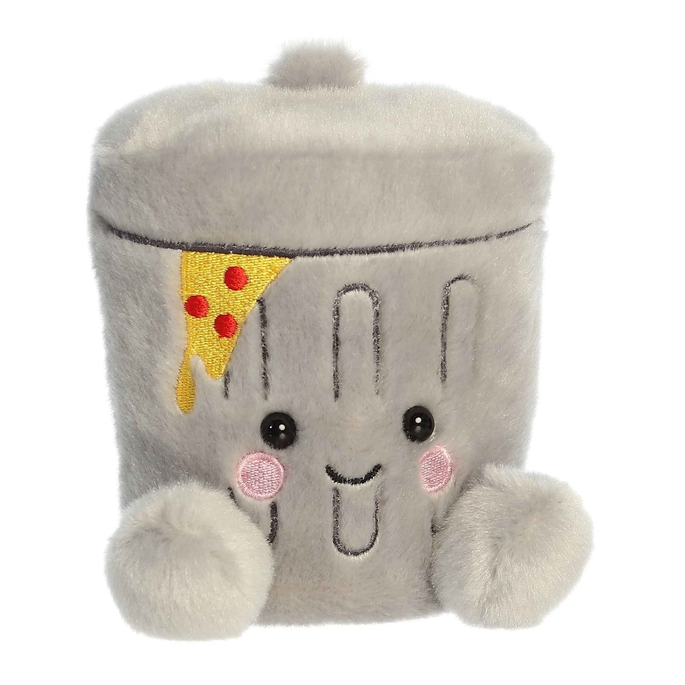 Stuffed Garbanzo plush trashcan toy by Aurora, gray fabric with pizza slice patch, 5-inch