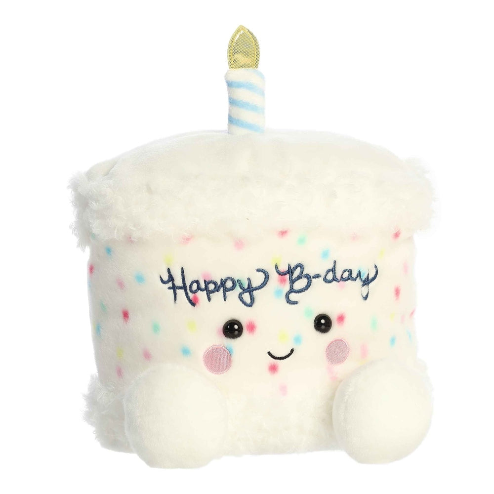 Aurora Palm Pals 13-inch Happy B-Day cake plush with pastel sprinkles, candle, cute face