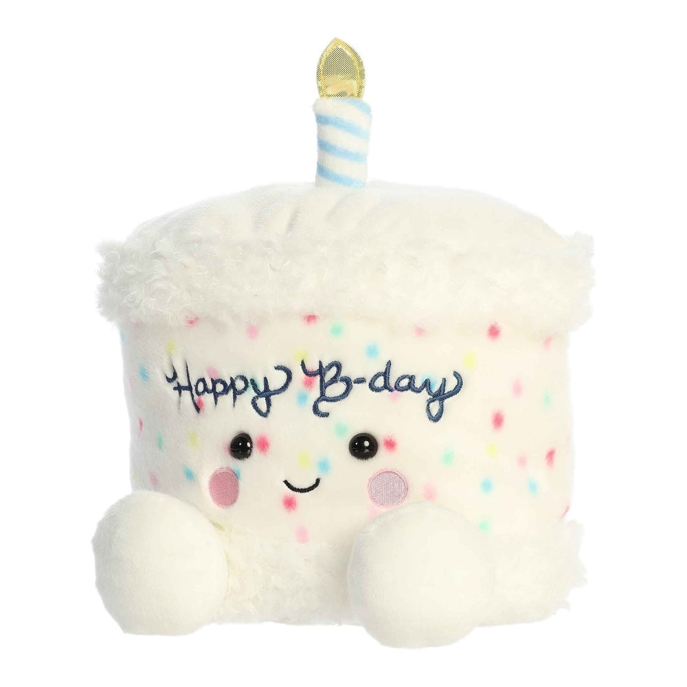 Aurora Palm Pals 13in Happy B‑Day cake plush toy with white fluffy icing, pastel sprinkles, candle