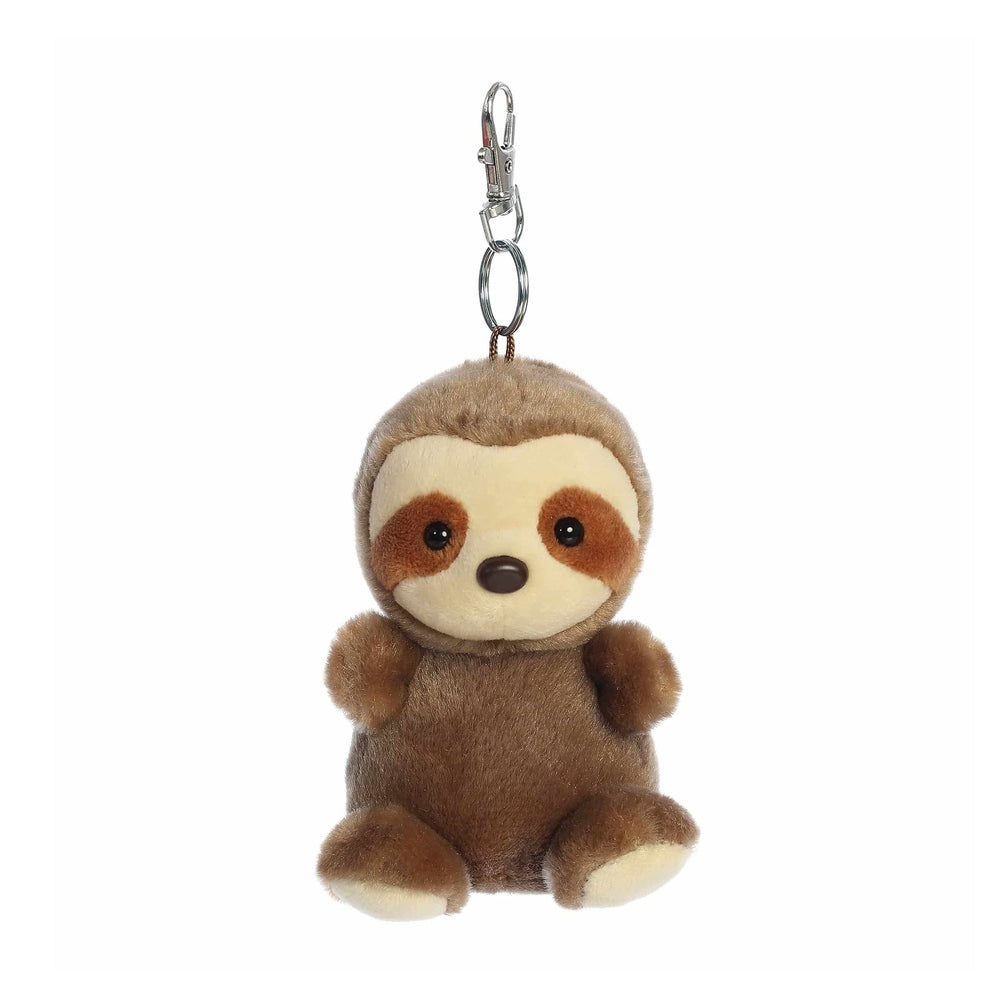 Aurora Palm Pals Slomo Sloth Clip-On plush toy; brown sloth with cream face attached to a metal clip for easy clipping.