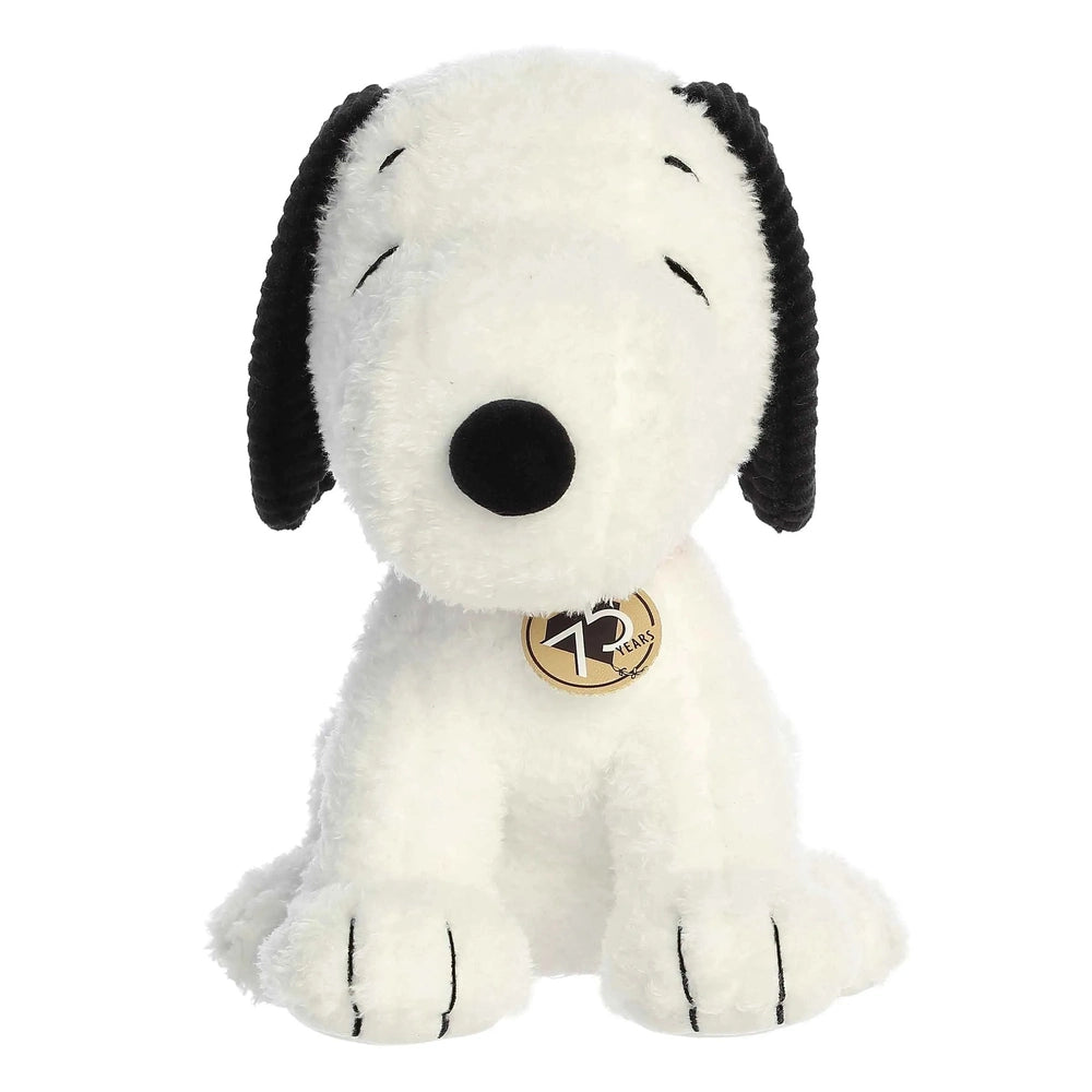 Aurora Snoopy 75th Anniversary stuffed animal, a white 10-inch plush sitting upright with black ears.