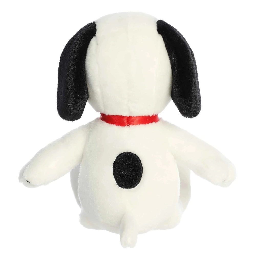 Aurora Snoopy 8" stuffed animal, white with black ears and red collar, back view shows black spot on rump.