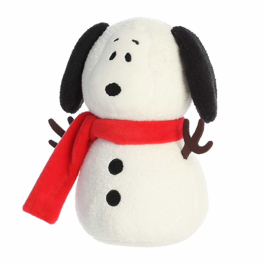 Aurora Peanuts Snow Beagle 8" plush toy, white with black ears wearing a red scarf, standing upright.