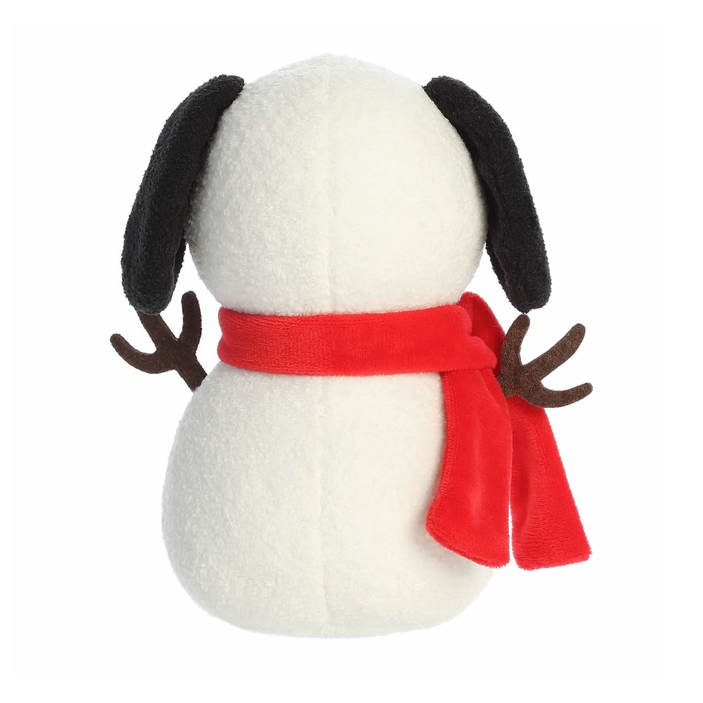 Aurora Peanuts Snow Beagle 8in plush with black ears and red scarf, ready for cuddles.