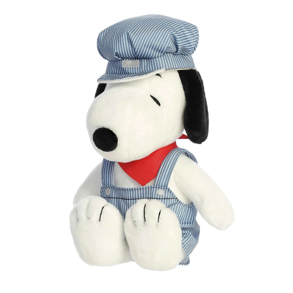 Aurora Peanuts Train Engineer Snoopy 14" plush wearing blue striped overalls and cap, red scarf, seated.