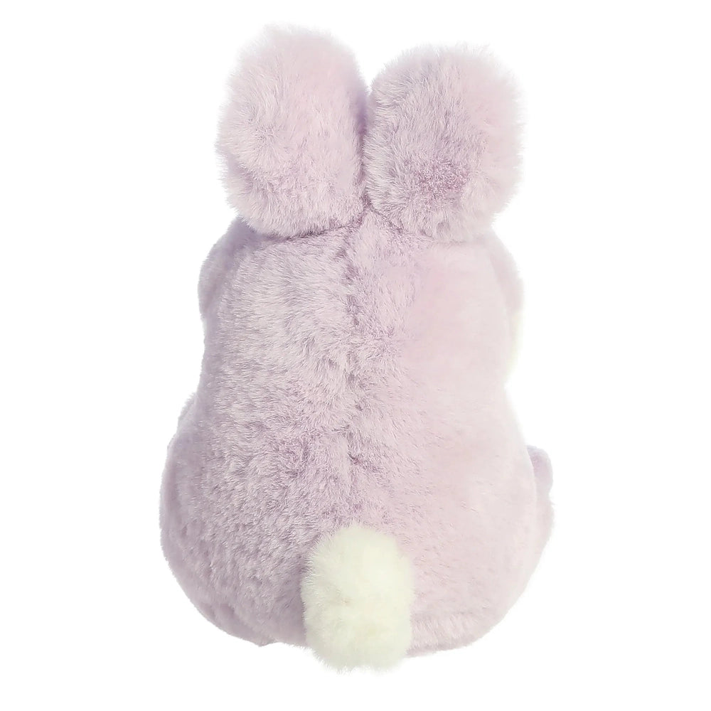 Aurora Rolly Pet Bunny Lavender 5" plush toy, lavender fur with a fluffy white tail, cute stuffed animal.
