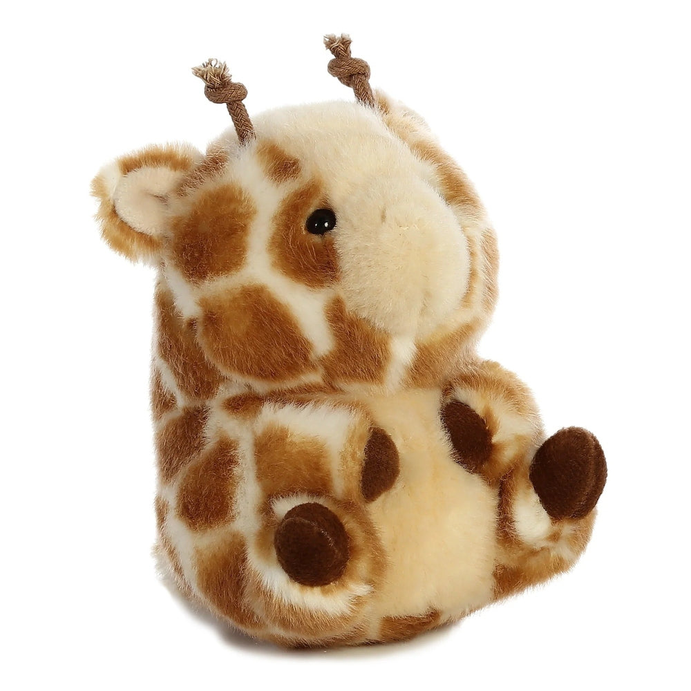 Aurora Rolly Pet Giminy Giraffe 5" plush with soft tan-brown fur, sits upright.