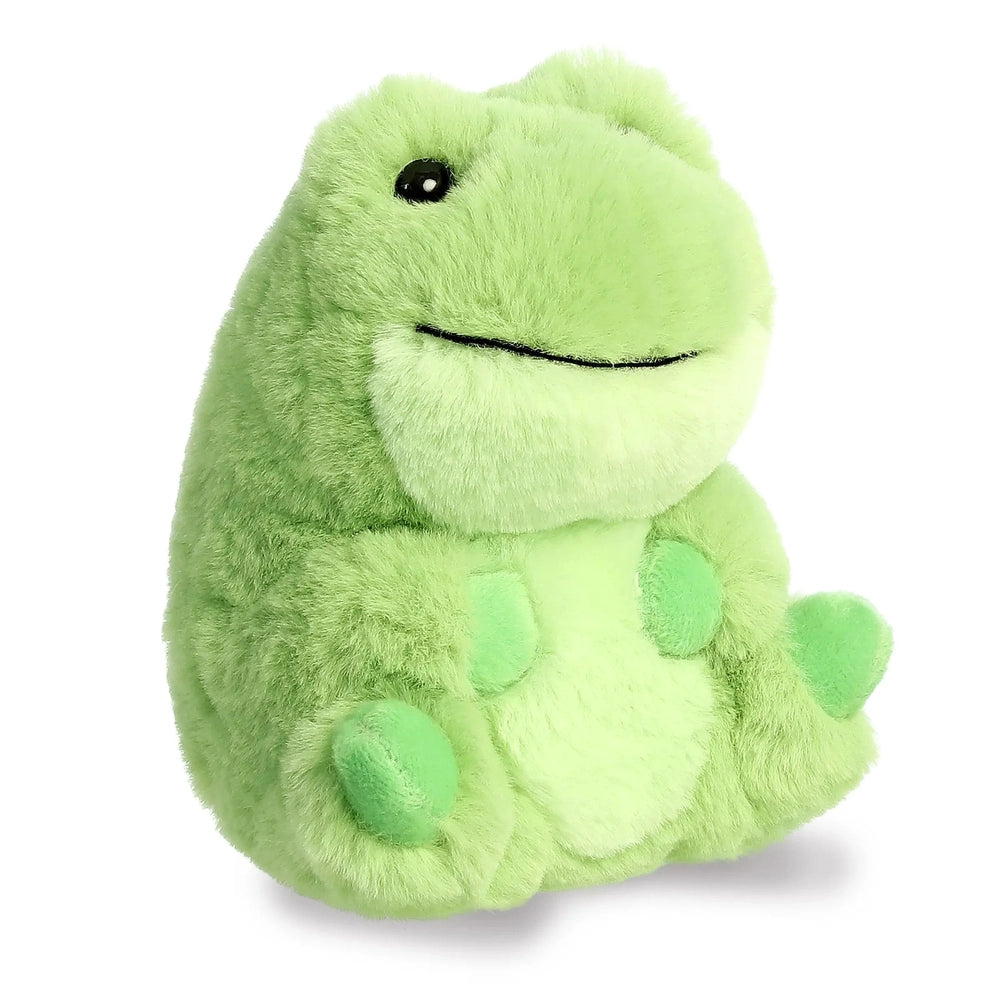 Aurora Rolly Pet Riberto Frog 5" plush toy in bright green with light belly, sitting upright.