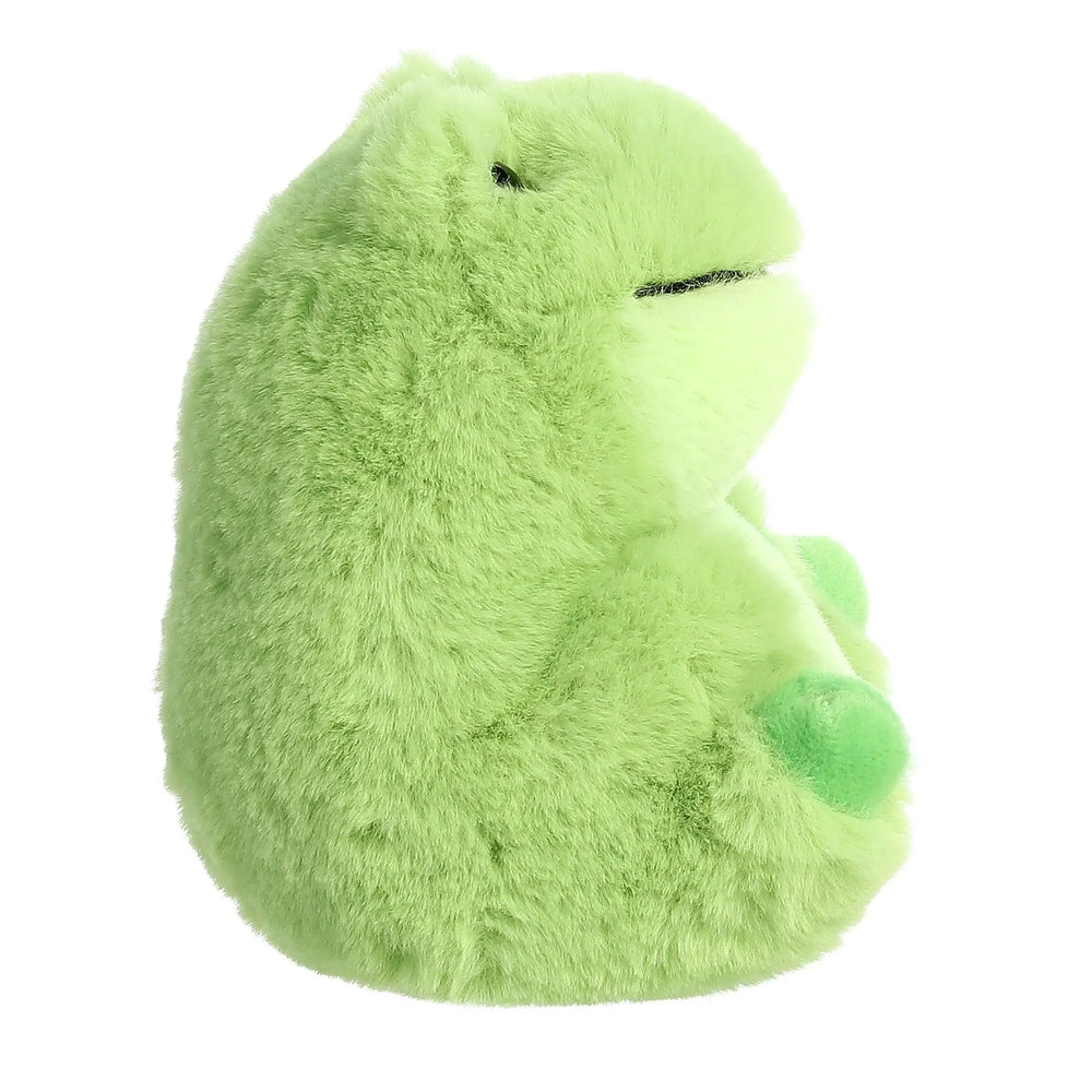 Aurora Rolly Pet Riberto Frog 5" plush toy in bright green fuzzy fabric, shown sitting with tiny arms and legs visible.