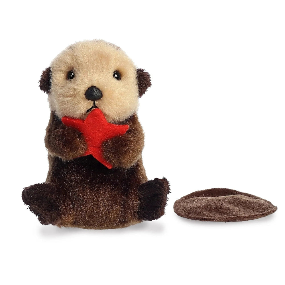 Aurora Shoulderkins Spiffy Otter 4.5" plush holding a red star with cute face.