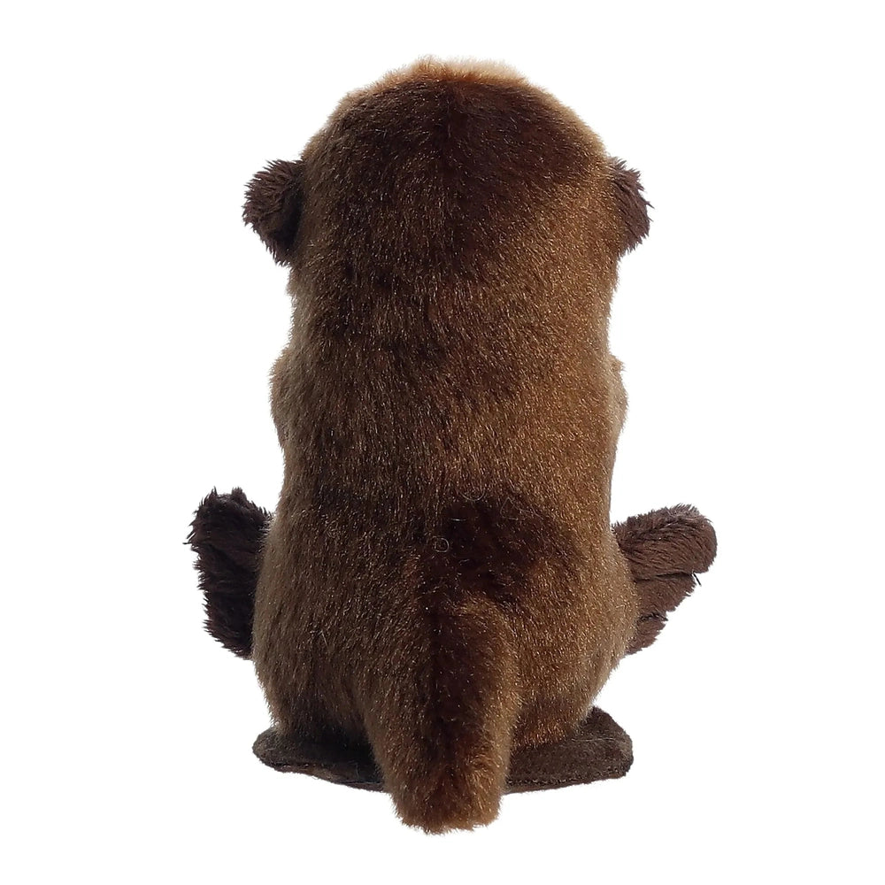 Aurora Spiffy Otter 4.5" stuffed animal in brown plush fur, shown from back with fluffy tail.