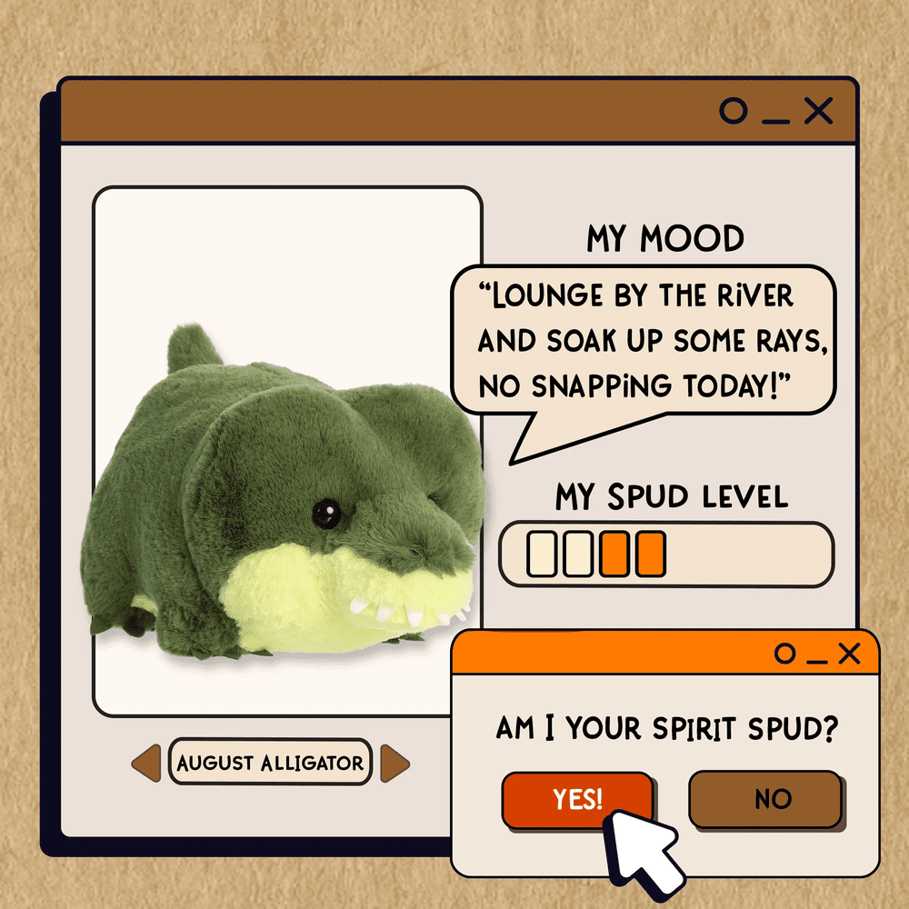 Aurora Spudsters August Alligator plush in a playful UI scene, a green stuffed toy amid speech bubbles and buttons.