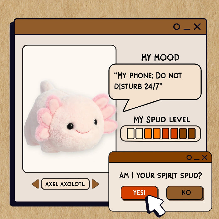 Aurora Spudsters Axel Axolotl plush stuffed animal, 10-inch pink axolotl with frilled gills
