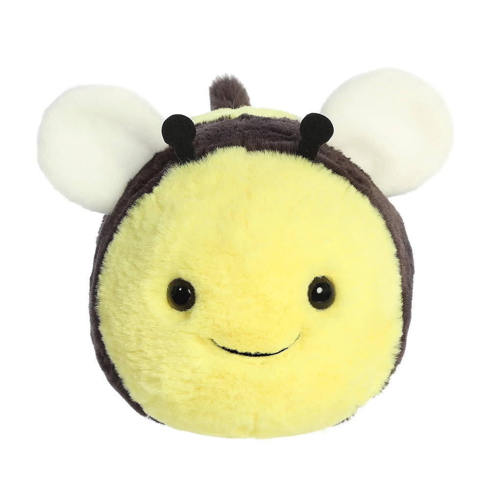 Aurora Spudsters Bee 10" plush toy with a bright yellow round face, brown body, white wings, and a friendly smile.