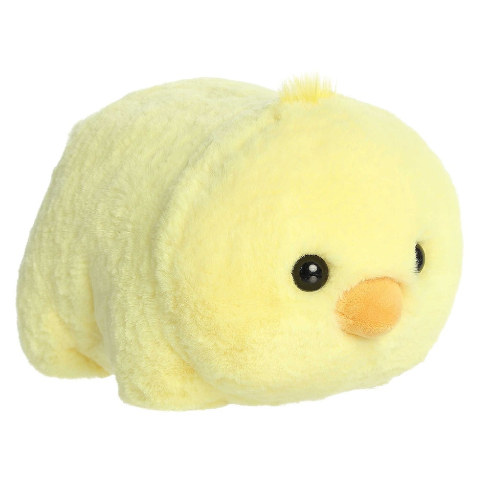 Aurora Spudsters Cece Chick plush toy, soft yellow fabric with black eyes and orange beak.